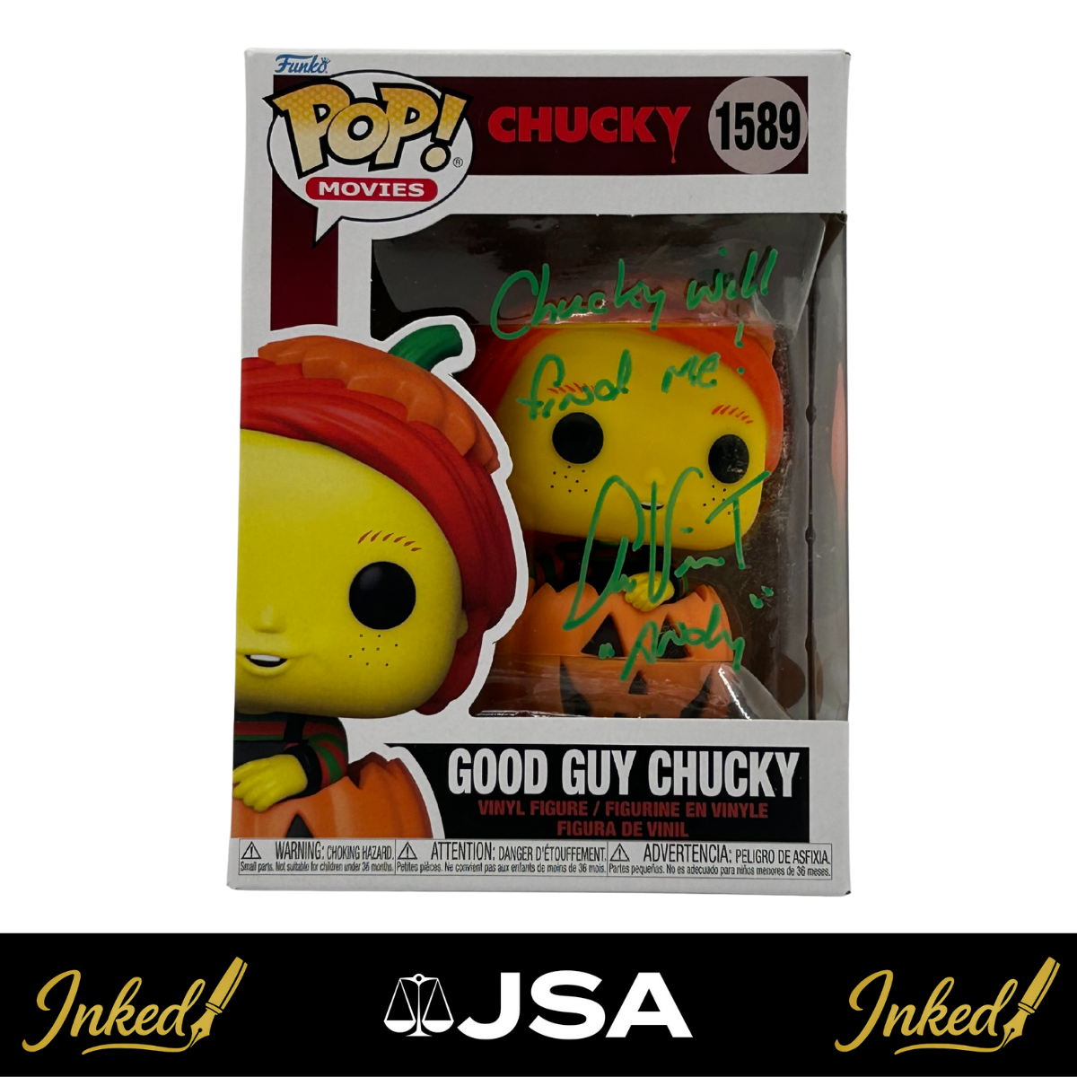 Alex Vincent Signed And Inscribed "Chucky Will Find Me" Good Guy Chucky Child's Play #1589 Funko POP! (JSA)