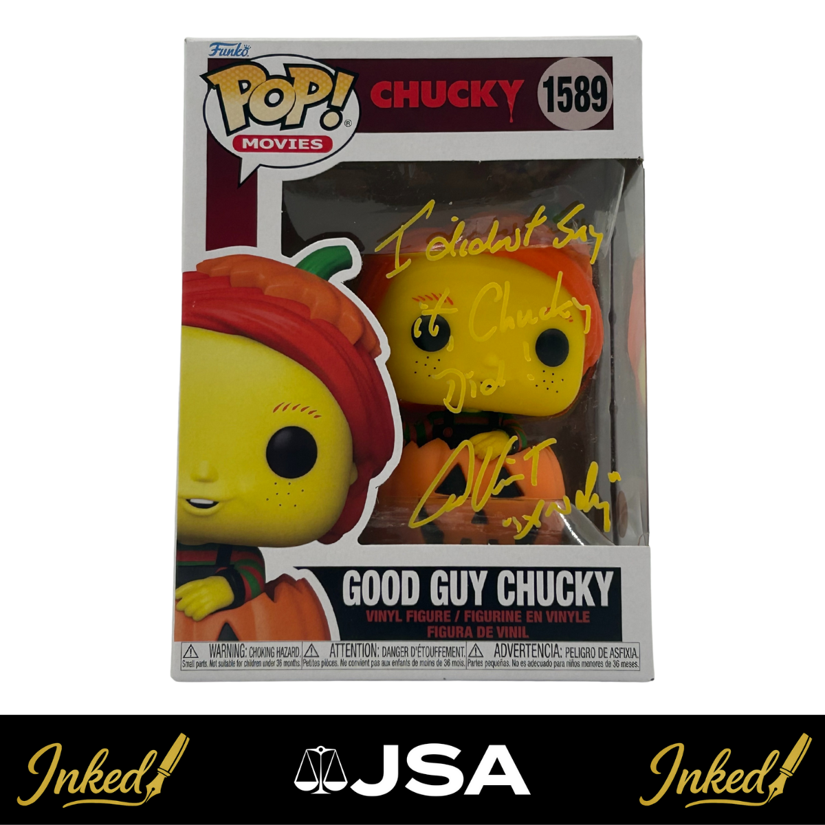 Alex Vincent Signed And Inscribed "I Didn't Say It, Chucky Did!" Good Guy Chucky Child's Play #1589 Funko POP! (JSA)