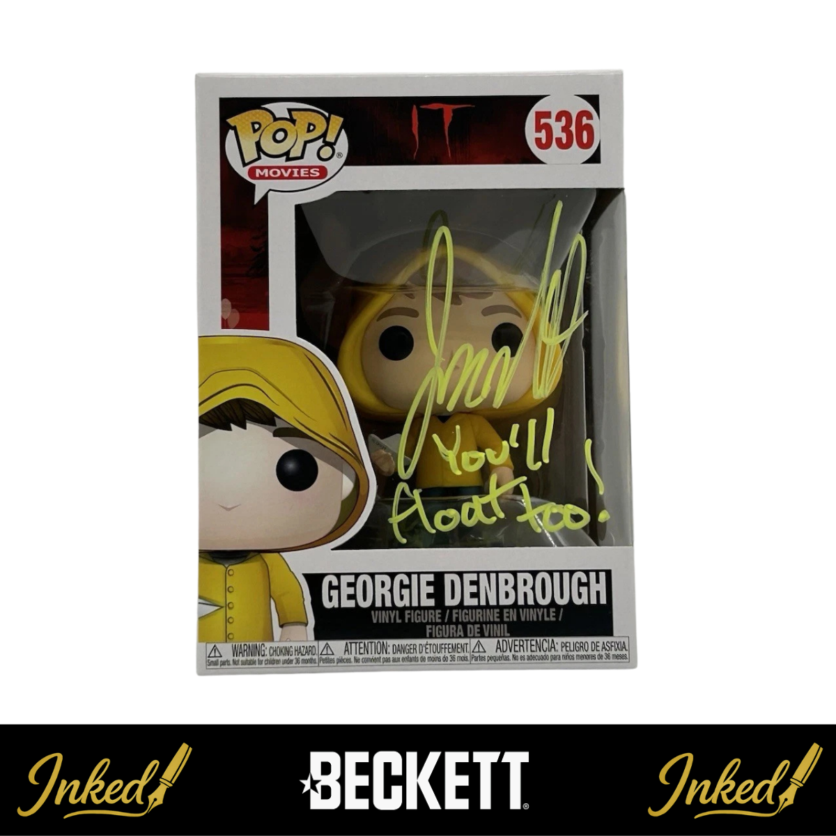 Jackson Robert Scott Signed And Inscribed "You'll Float Too" Georgie Denbrough IT #536 Funko POP! (Beckett)