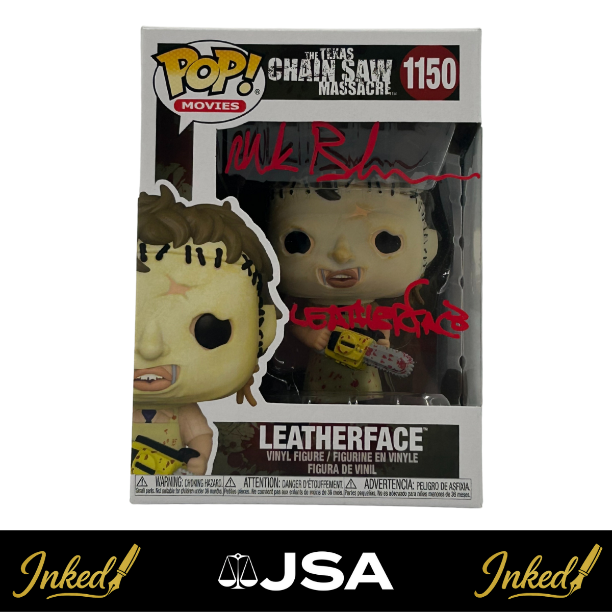 Mark Burnham Signed And Inscribed "Leatherface" Leatherface The Texas Chainsaw Massacre #1150 Funko POP! (JSA)