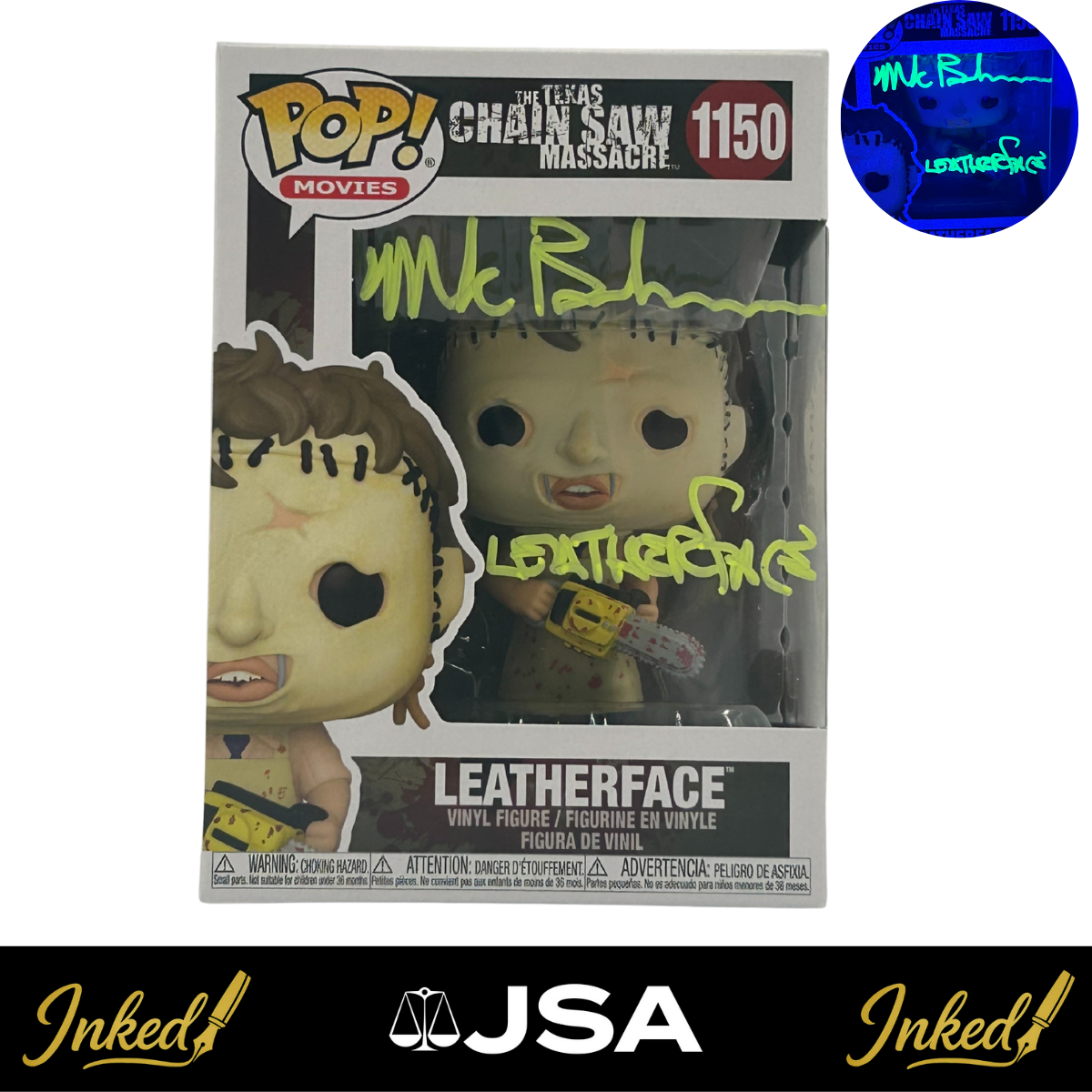 Mark Burnham Signed And Inscribed "Leatherface" Leatherface The Texas Chainsaw Massacre #1150 Funko POP! (JSA)