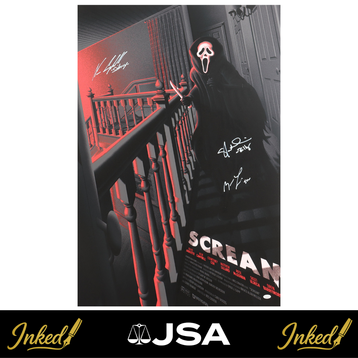 Triple Signed Scream Poster signed by Matthew Lillard, Skeet Ulrich, and Neve Campbell.