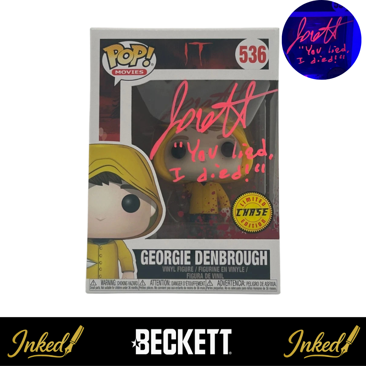 Jackson Robert Scott Signed And Inscribed "You Lied, I Died" Georgie Denbrough IT #536 Funko POP! Chase (Beckett)