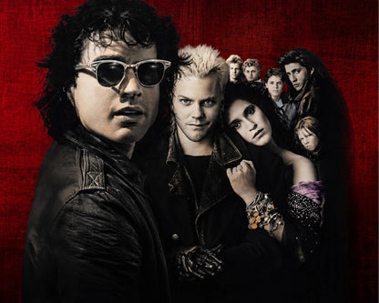 A dramatic promotional poster-style image featuring multiple people against a textured dark red background. The central figure has spiky blond hair and wears a dark jacket, with other cast members visible behind him.