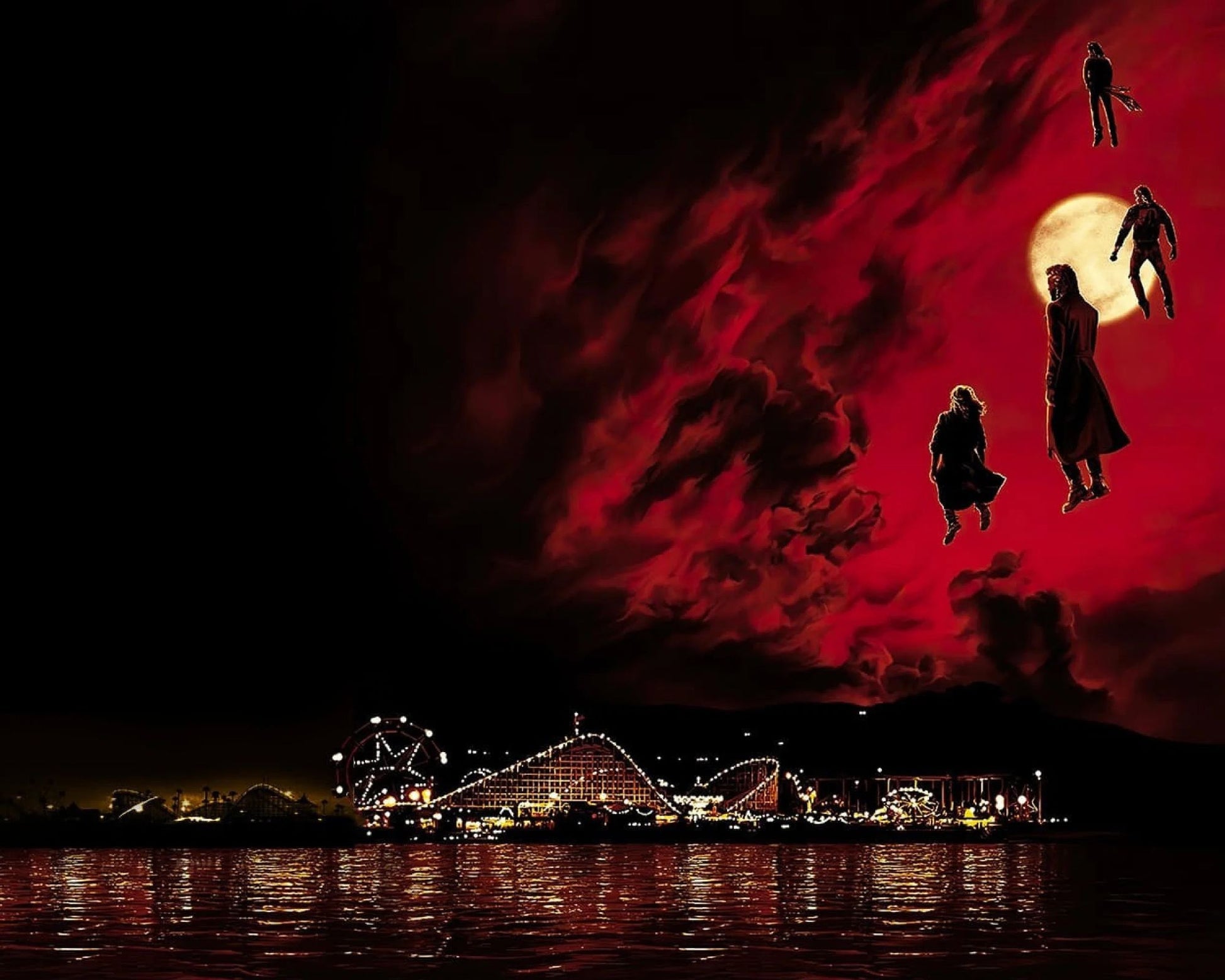 A dramatic night scene with a large red sky, a glowing full moon, and several silhouetted figures floating or standing against the sky above a waterfront with illuminated amusement park structures in the distance.