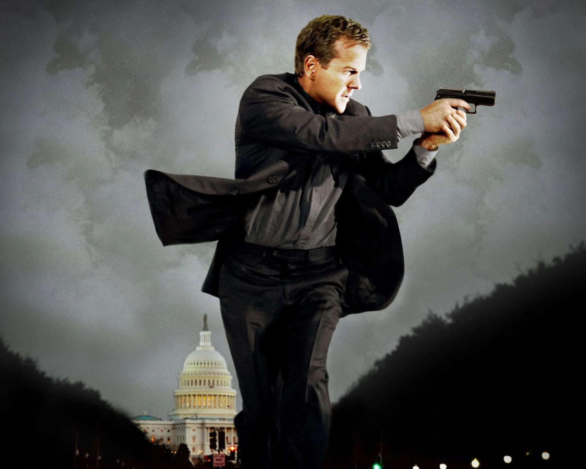 A man in a dark suit holding a handgun in a dramatic pose, set against a cloudy sky with the U.S.