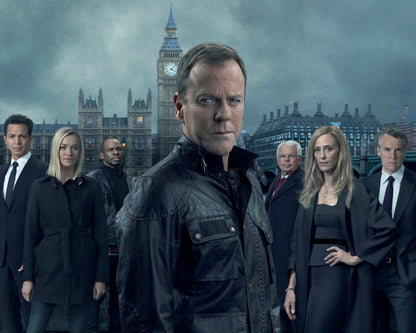 A group of actors standing in front of a dramatic London backdrop featuring Big Ben and the Houses of Parliament under a stormy sky. The central figure wears a dark leather jacket and faces forward, while the others wear dark formal clothing.