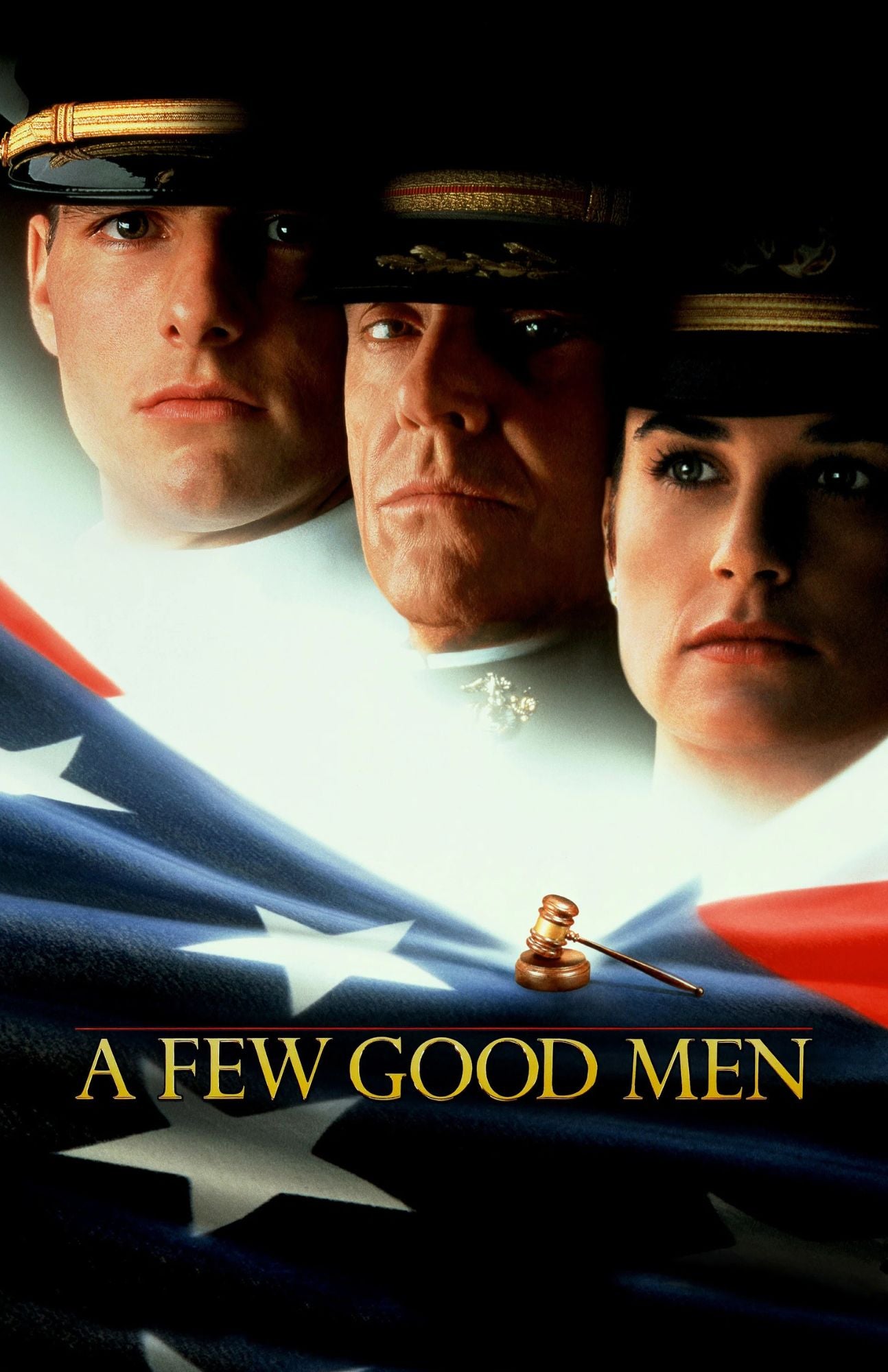 Movie poster for 'A Few Good Men' featuring the three main characters in military uniforms against a dramatic American flag background, with a gold gavel and the film title in gold text.