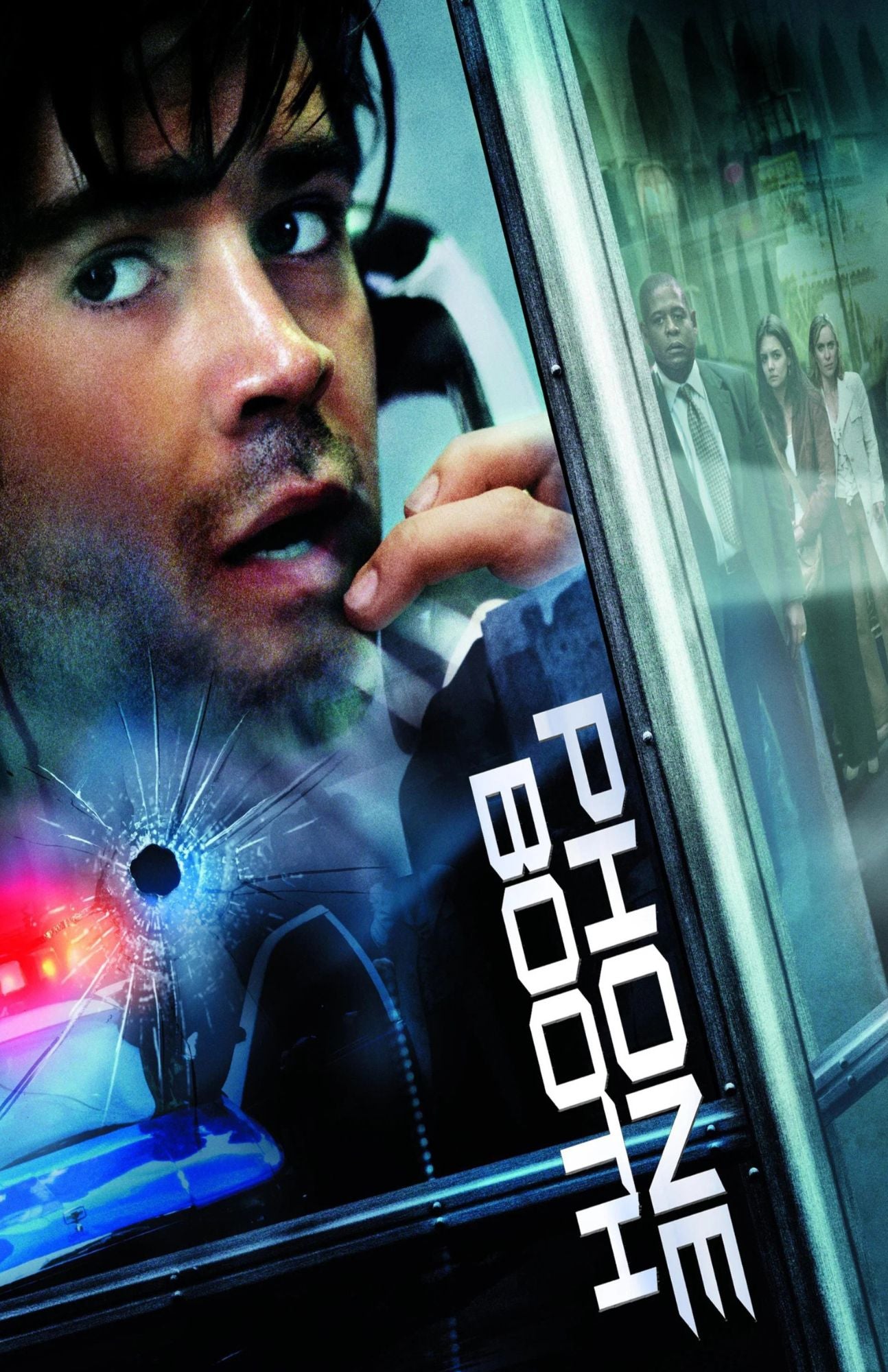Movie poster for 'Phone Booth' featuring a close-up of a man's shocked face reflected in a glass window, with a bullet hole effect and the title text 'PHONE BOOTH' running vertically.