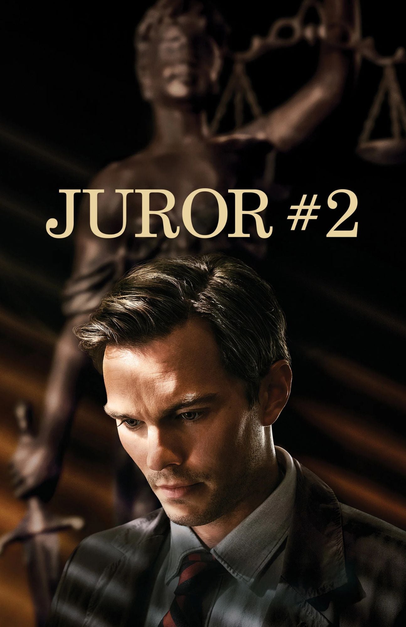 Movie poster for 'Juror #2' featuring a man in a suit with a statue in the background.