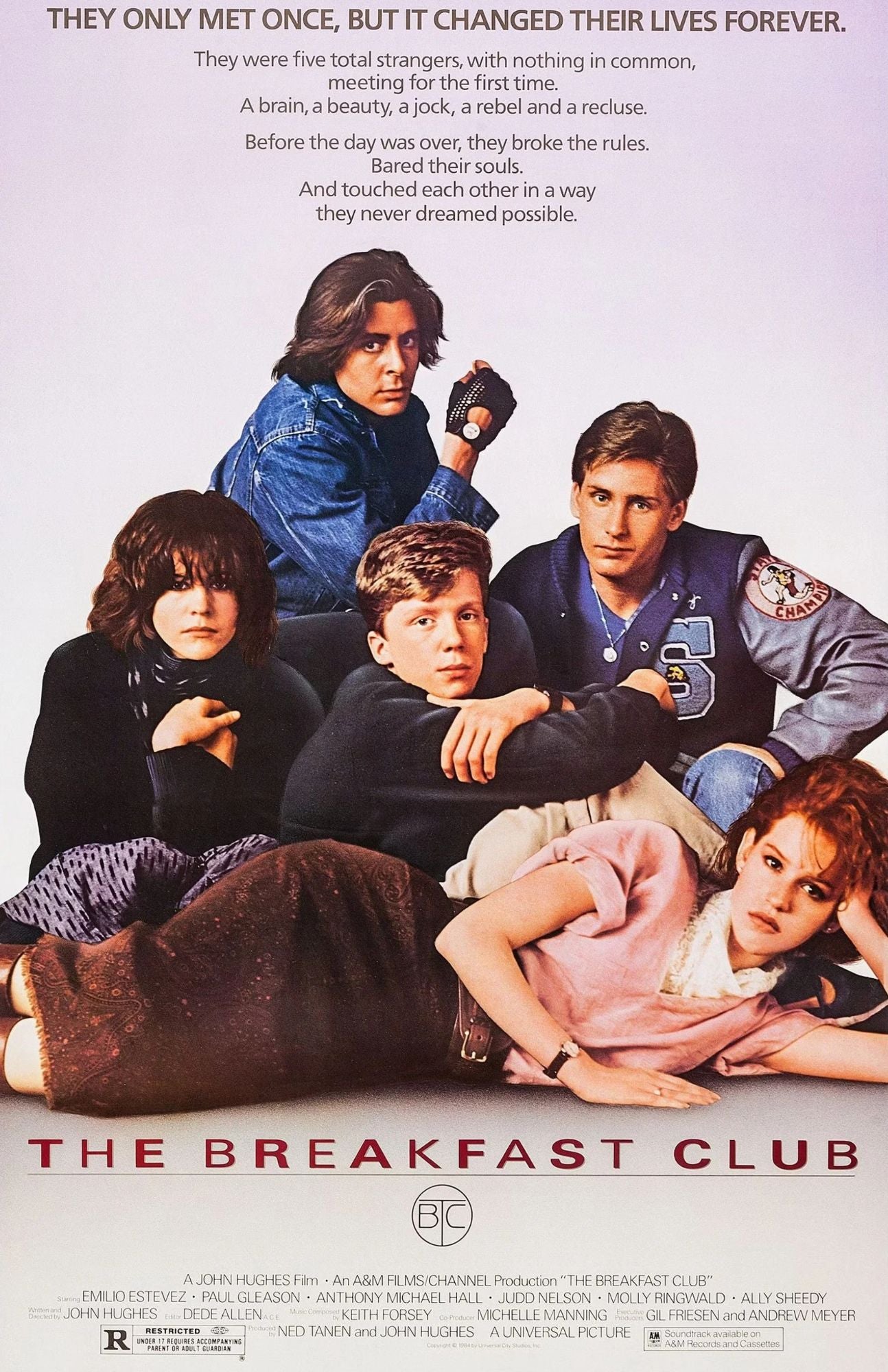 Movie poster for 'The Breakfast Club' featuring five high school students in a classroom setting, with the title and film text printed on a light background.