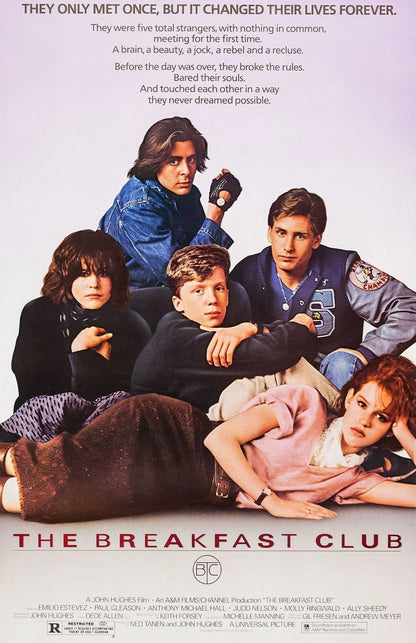 Movie poster for 'The Breakfast Club' featuring five high school students in a classroom setting, with the title and film text printed on a light background.