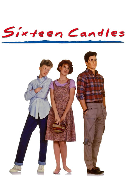 Movie poster for 'Sixteen Candles' featuring three young actors standing against a white background beneath the title in red script.