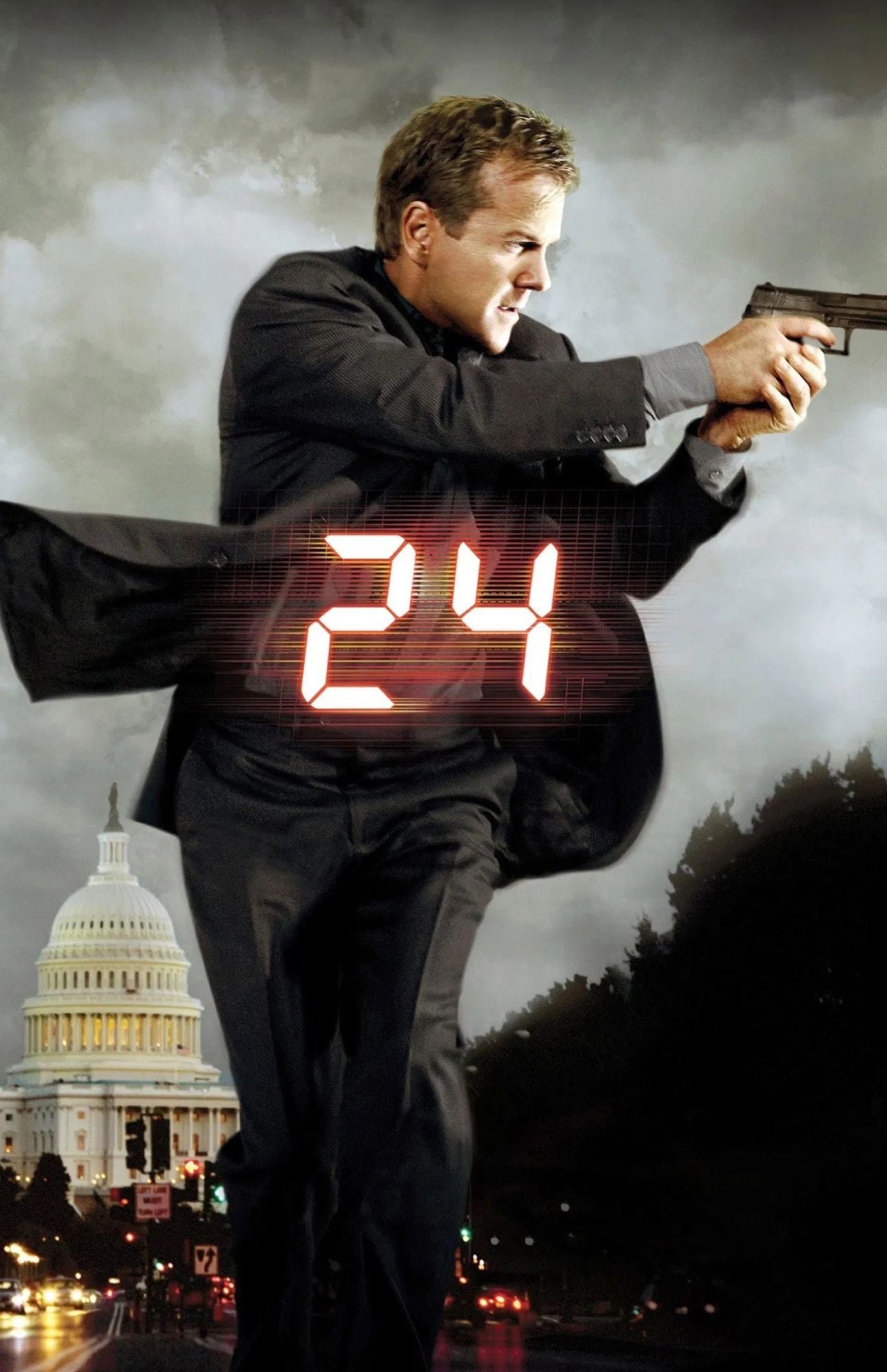 A man in a dark suit holding a gun in front of a cloudy sky, with a large red '24' overlay and the U.S.