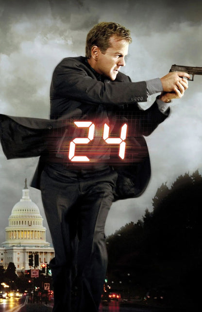 A man in a dark suit holding a gun in front of a cloudy sky, with a large red '24' overlay and the U.S.