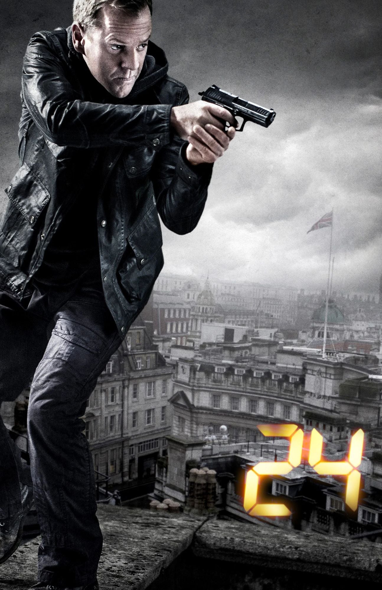 A dramatic movie poster-style scene showing a man in a black leather jacket aiming a handgun over a city rooftops, with a large glowing yellow '24' in the lower right and a cloudy urban background.