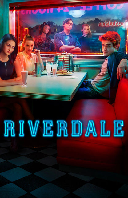 Promotional poster for Riverdale featuring characters seated in a retro diner booth with neon lighting and the title 'RIVERDALE' in large blue letters at the bottom.