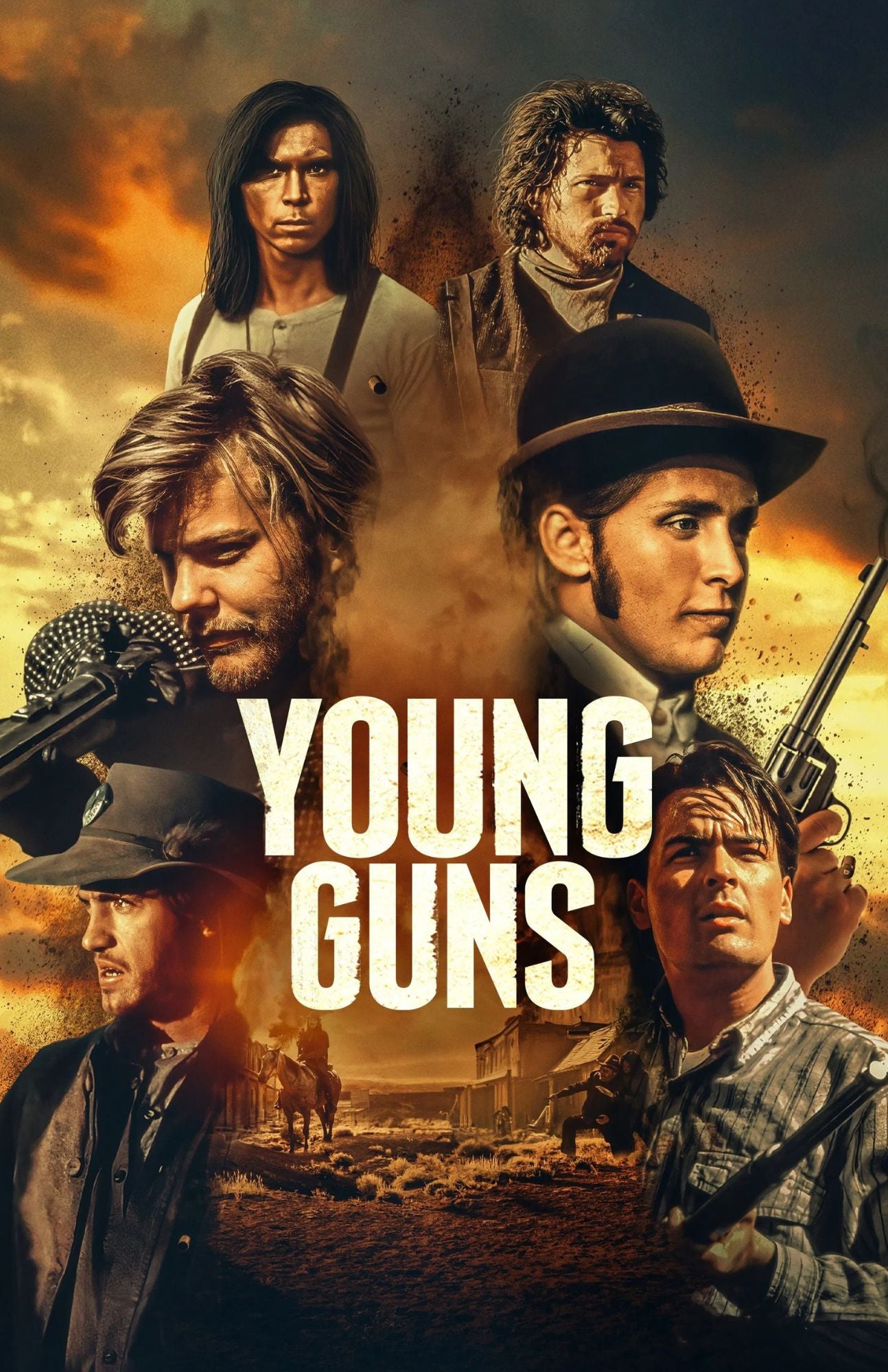 Movie poster for 'Young Guns' featuring multiple cast members in a dusty, western-themed collage with the title in large white letters over a dramatic orange-brown background.