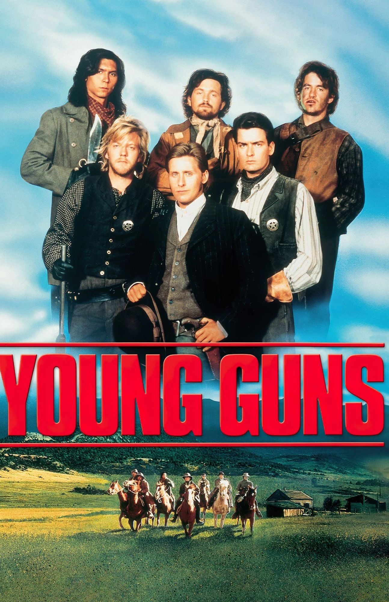 Movie poster for 'Young Guns' featuring five young men in western clothing against a blue sky, with the title in large red letters and a scene of riders on horseback below.