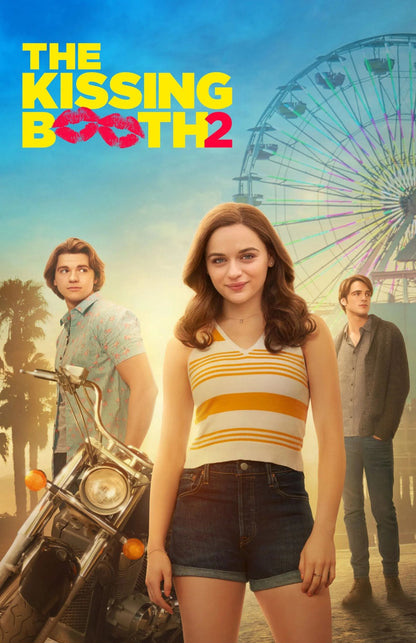 Movie poster for 'The Kissing Booth 2' featuring a woman in a yellow and white striped top and denim shorts in the foreground, with two men and a motorcycle in the background near a Ferris wheel under a blue sky.