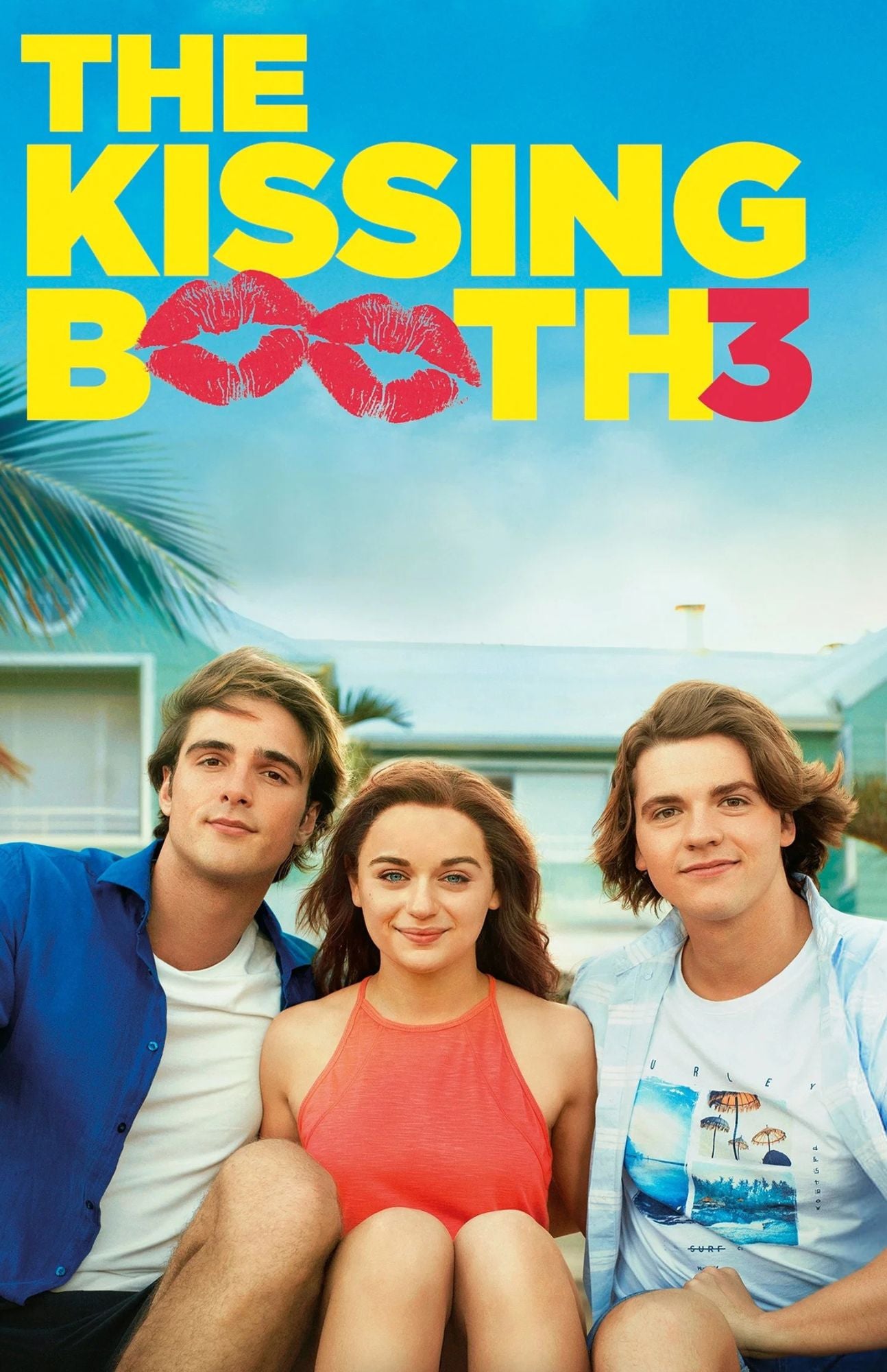 Movie poster for 'The Kissing Booth 3' featuring three young adults sitting outdoors in front of a beach house, with the title in large yellow and red text at the top.