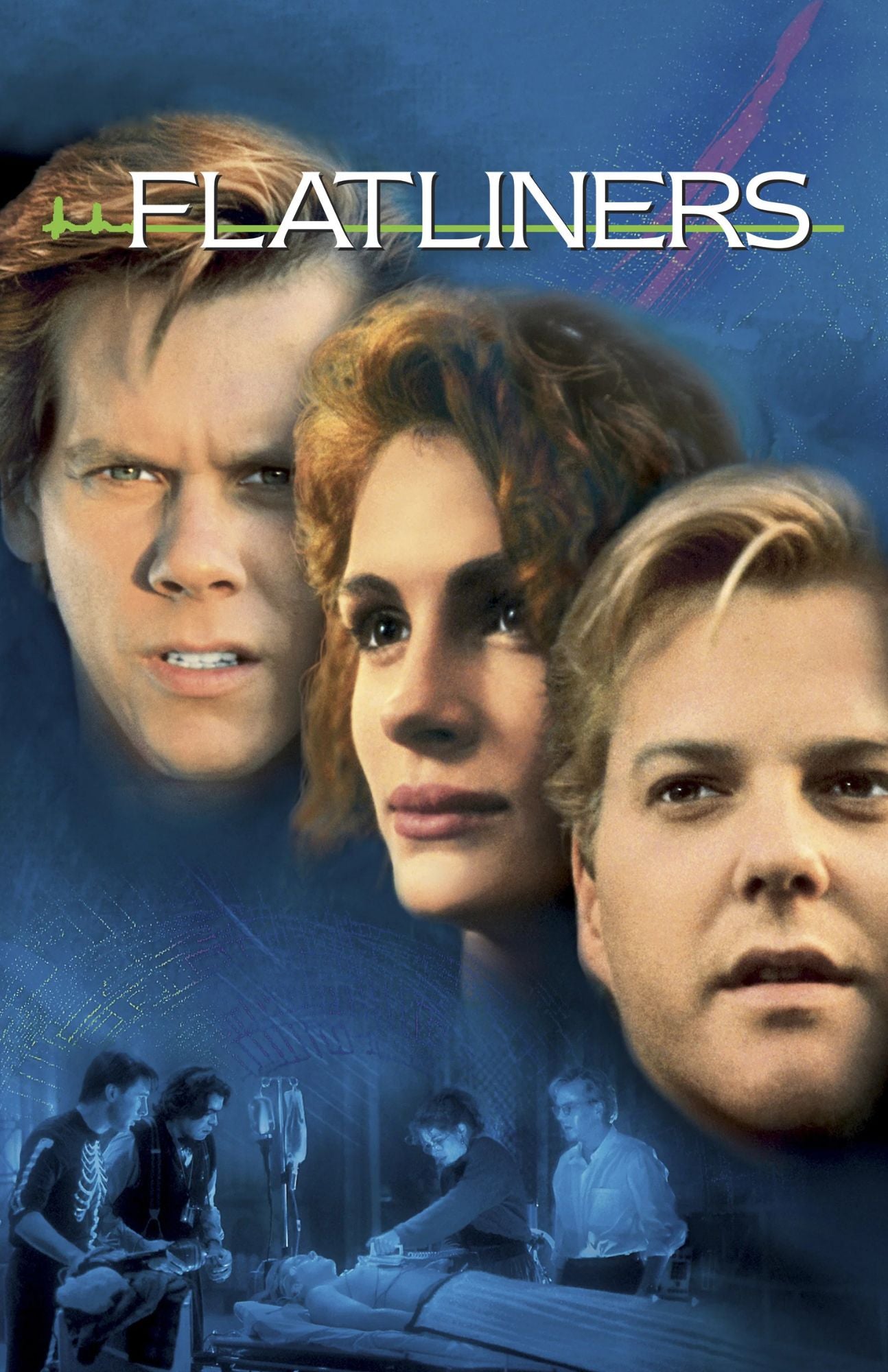 Movie poster for the film Flatliners, featuring close-up portraits of three main characters at the top and a blue-toned scene of people on a gurney at the bottom, with the title 'FLATLINERS' across the top.