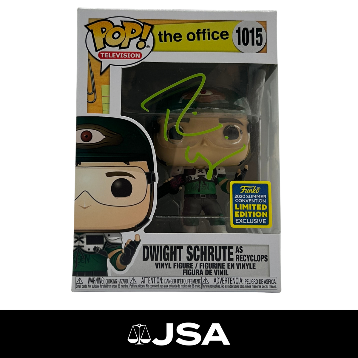 Funko Pop! Television 'The Office' Dwight Schrute as Recyclops vinyl figure, number 1015, signed with a green marker autograph on the front window. The box is shown against a white background with a black banner at the bottom featuring the text 'JSA'.