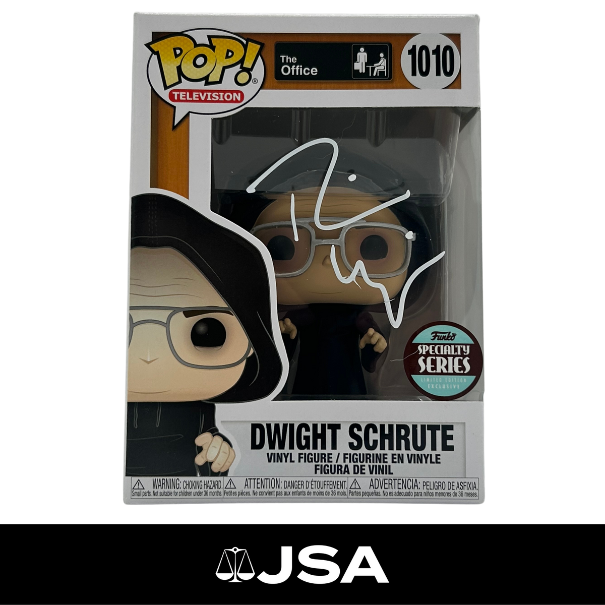 Funko Pop! Television Dwight Schrute vinyl figure number 1010, signed in white marker, in its original window box packaging. The box features a collectible sticker seal and a white background with the 'The Office' logo.