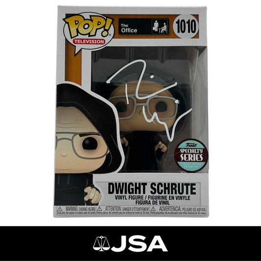 Funko Pop! Television Dwight Schrute vinyl figure number 1010, signed in white marker, in its original window box packaging. The box features a collectible sticker seal and a white background with the 'The Office' logo.
