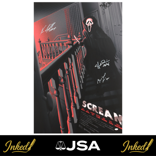 Triple Signed Scream Poster signed by Matthew Lillard, Skeet Ulrich, and Neve Campbell.