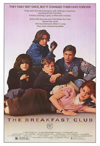 Movie poster for 'The Breakfast Club' featuring five teenagers in a pink-lavender background with the film's title at the bottom.